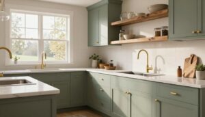 Modern sage green farmhouse kitchen cabinets in open concept space with natural light