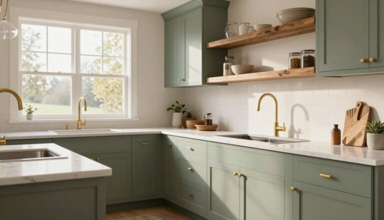 Modern sage green farmhouse kitchen cabinets in open concept space with natural light