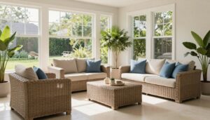 Modern sunroom with weatherproof wicker furniture arrangement and abundant natural light, NO PEOPLE, NO HUMANS, NO HANDS