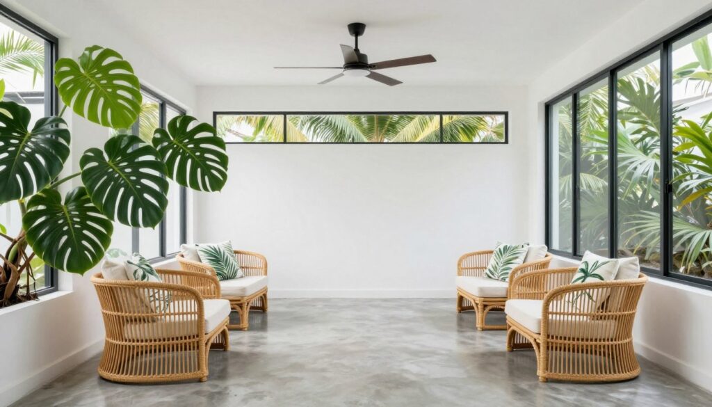 Modern tropical sunroom with restrained palette and statement plants, empty sophisticated space