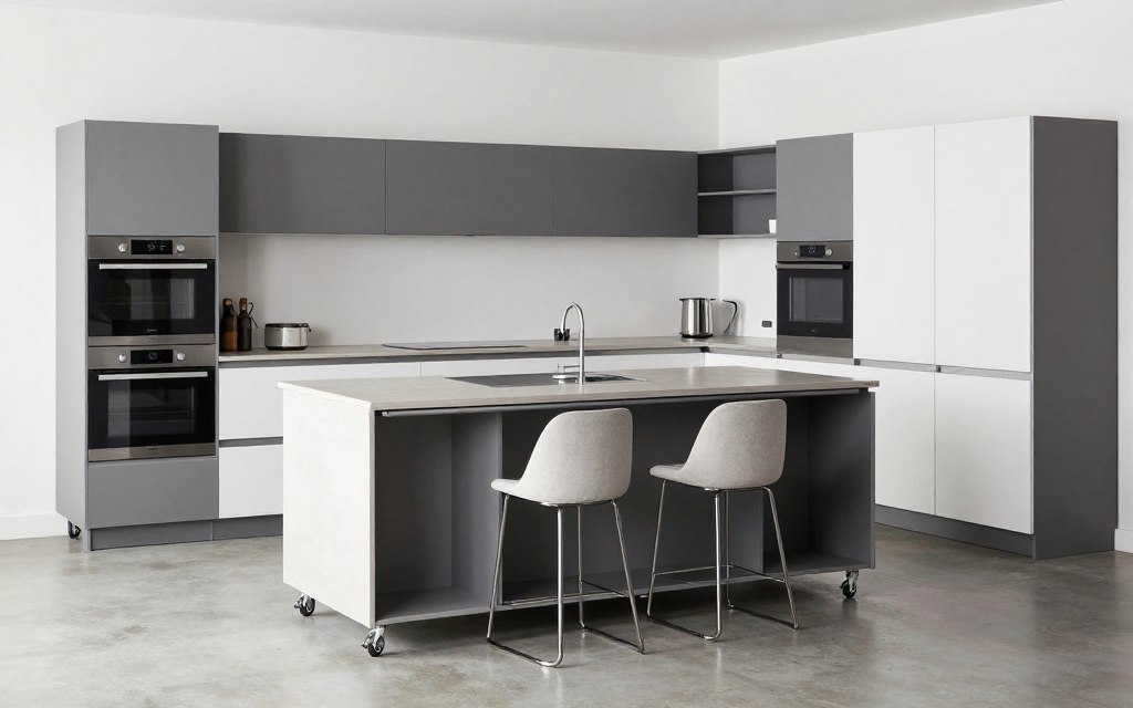Modular kitchen with moveable island and flexible configuration