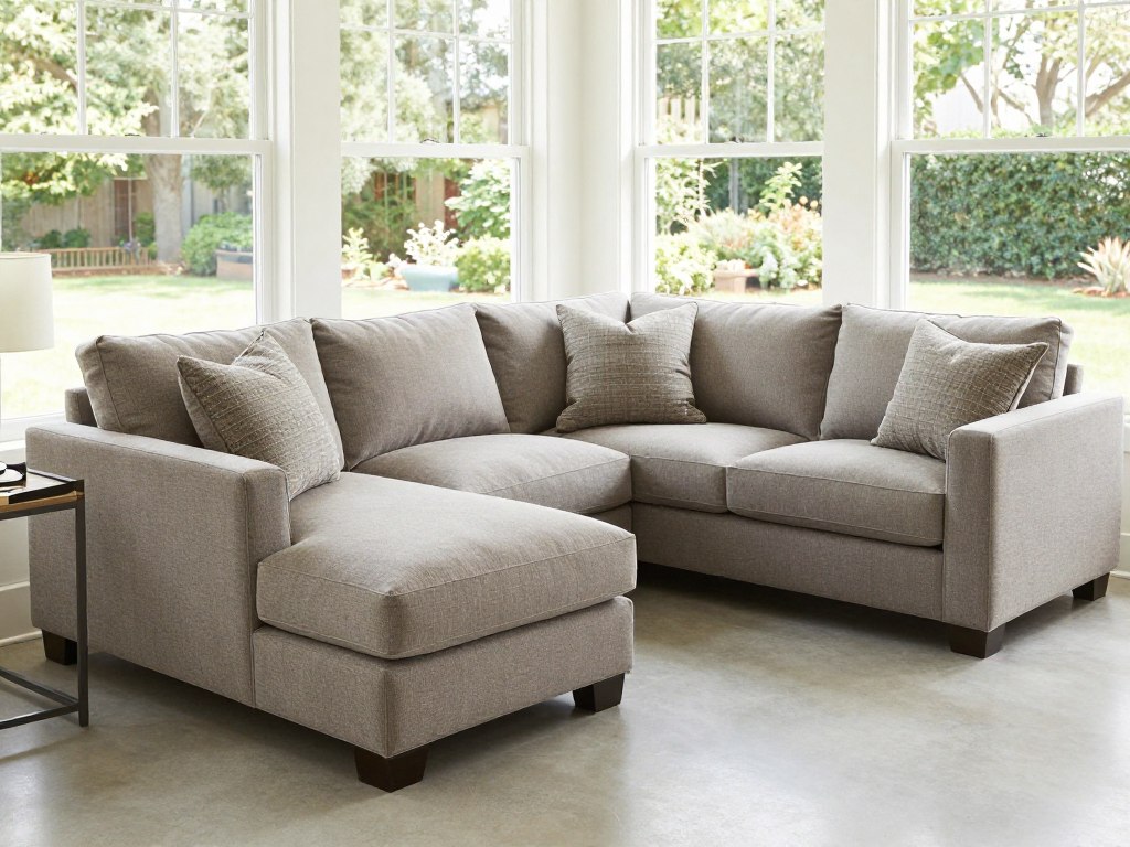Modular sectional pieces arranged in sunroom corner, NO PEOPLE, NO HUMANS, NO HANDS