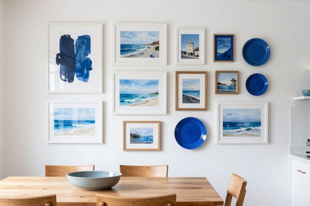 Monochromatic blue themed gallery wall in coastal kitchen