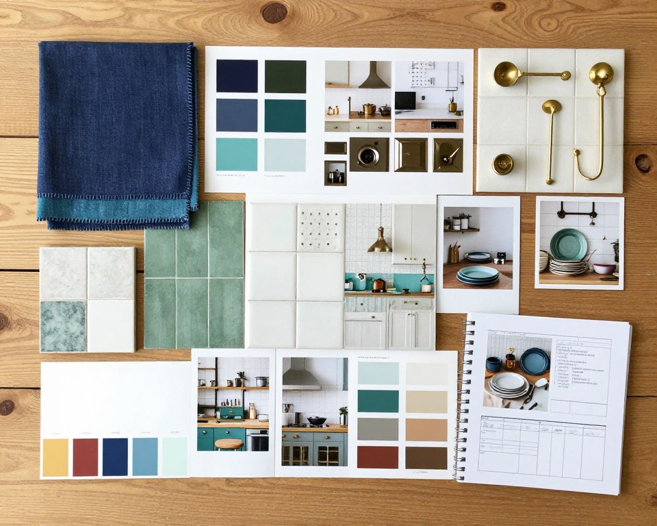 Mood board collage showing whimsical kitchen design inspiration including color swatches, material samples, and style references