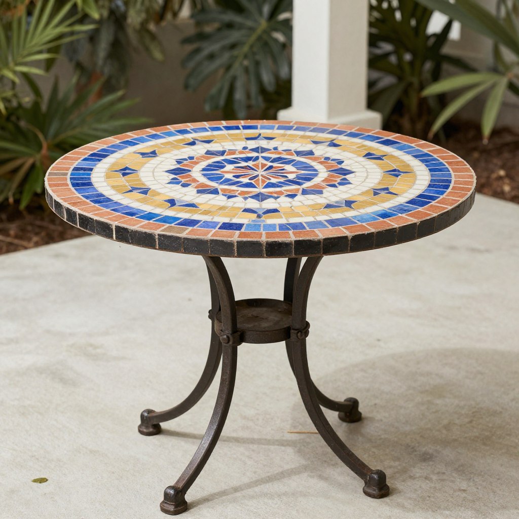 Mosaic bistro table with decorative tile pattern, NO PEOPLE, NO HUMANS, NO HANDS