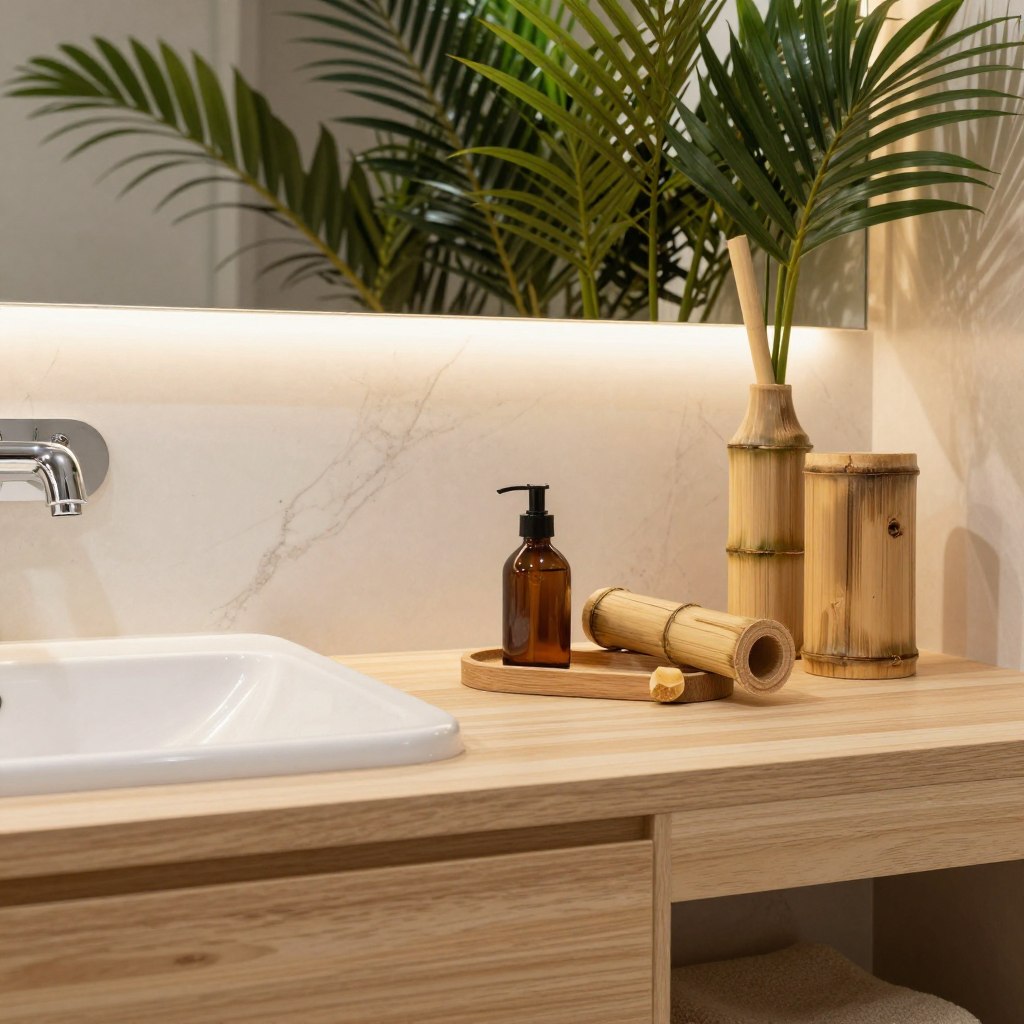 Natural materials and plants creating spa bathroom harmony