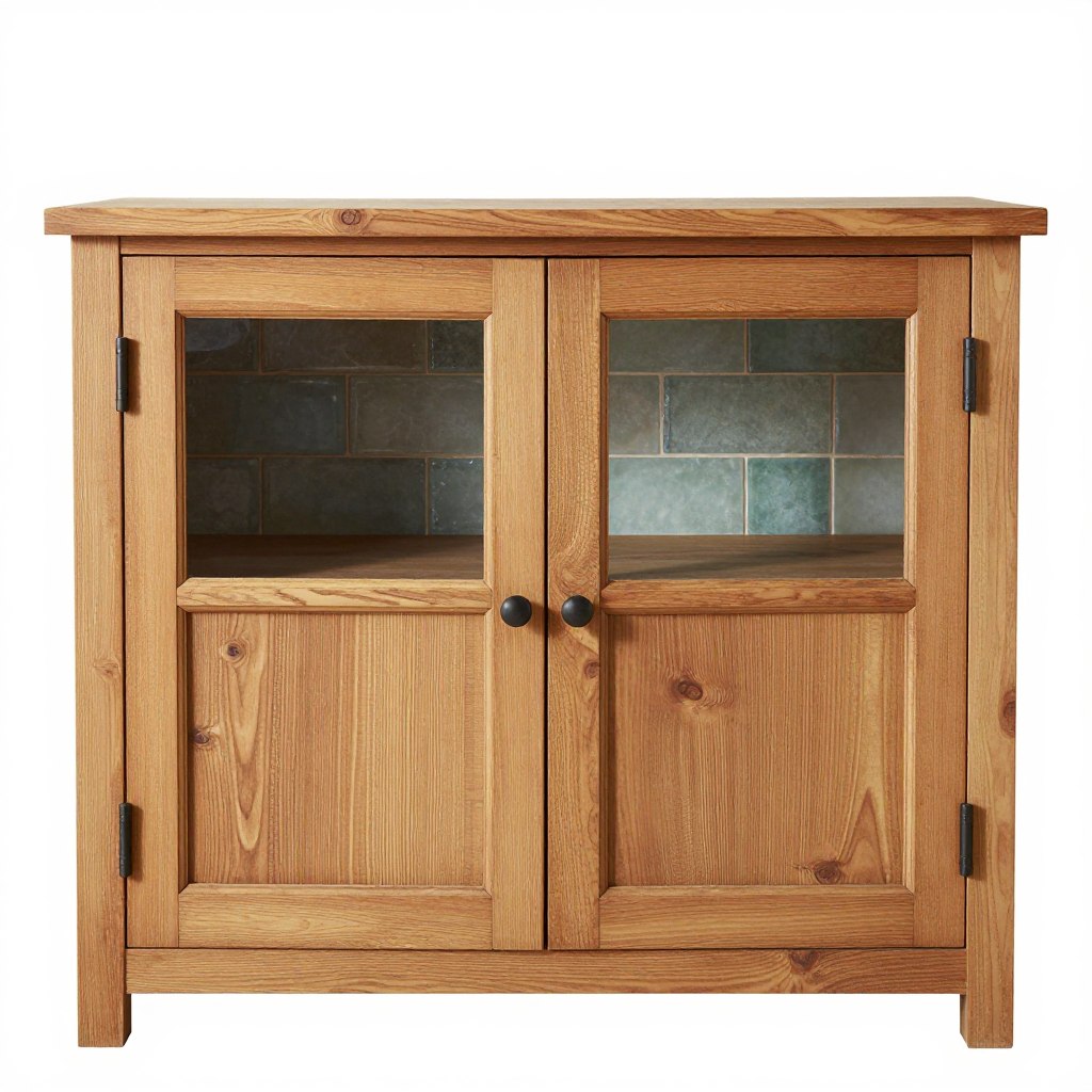 Natural wood cabinets with sea glass tile creating warm coastal aesthetic