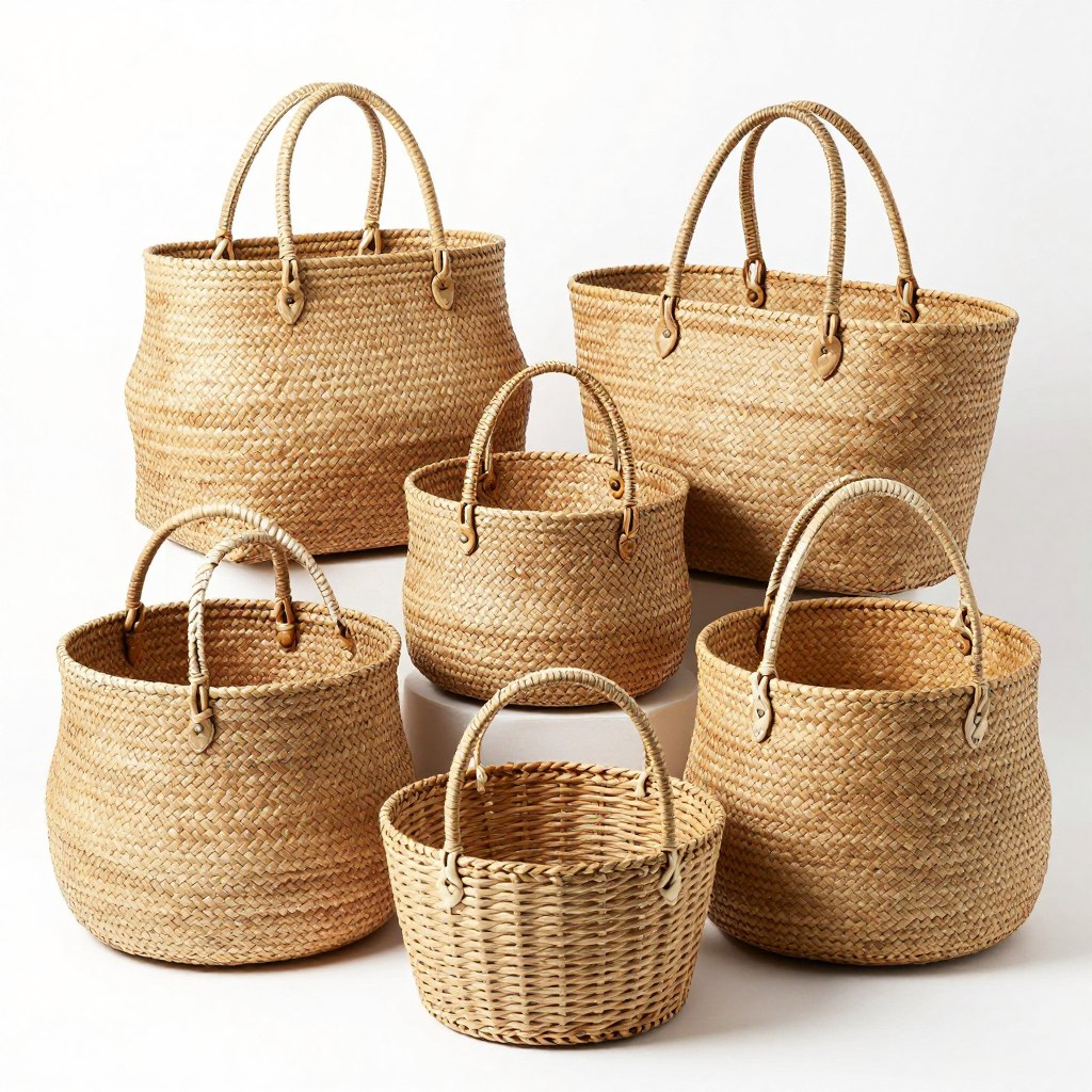 Natural woven baskets in various sizes for warm kitchen organization