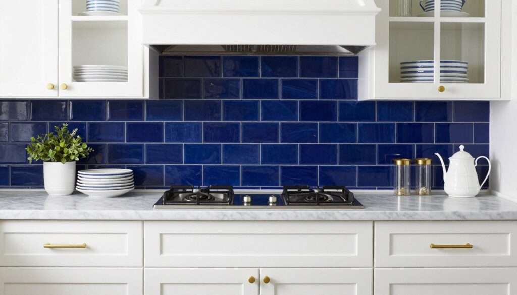 Nautical kitchen with navy sea glass tile and white cabinetry