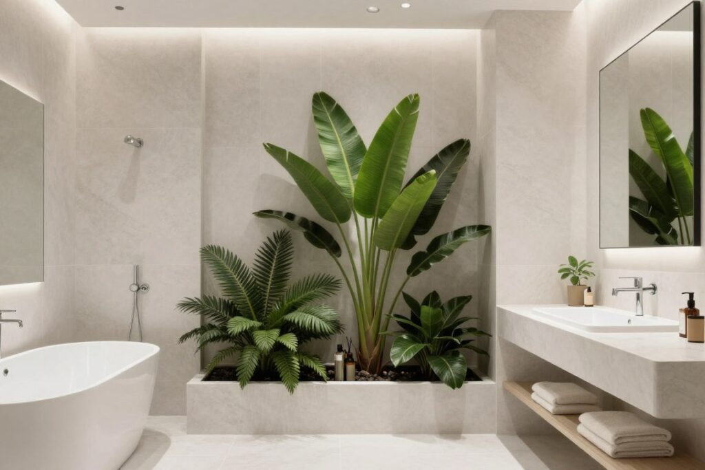 Neutral bathroom color palette with green plants as focal point