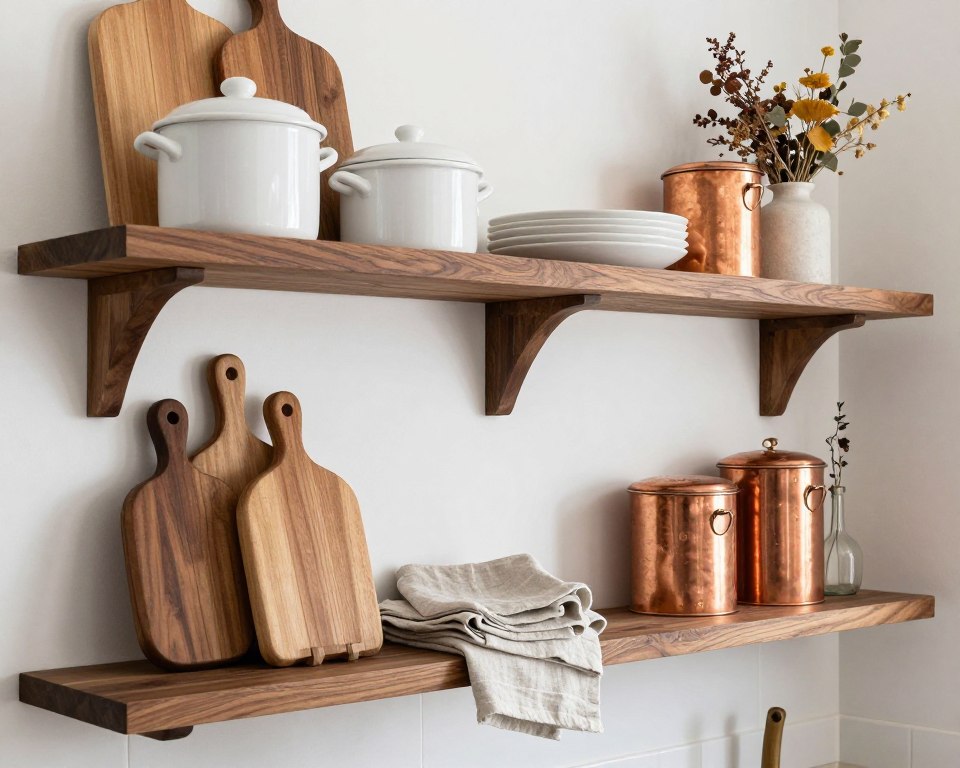 Open shelving styled with rustic kitchen accessories including wooden bowls, ceramic containers, and copper cookware
