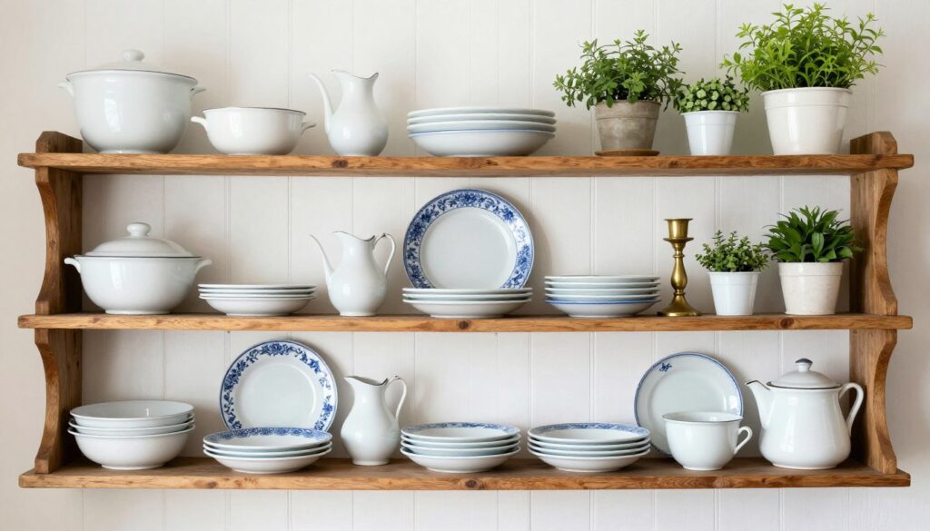 Open shelving styled with vintage dishware