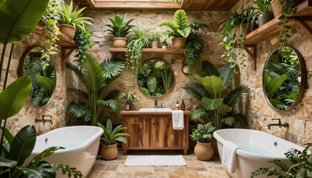 Organic bathroom with abundant tropical plant displays