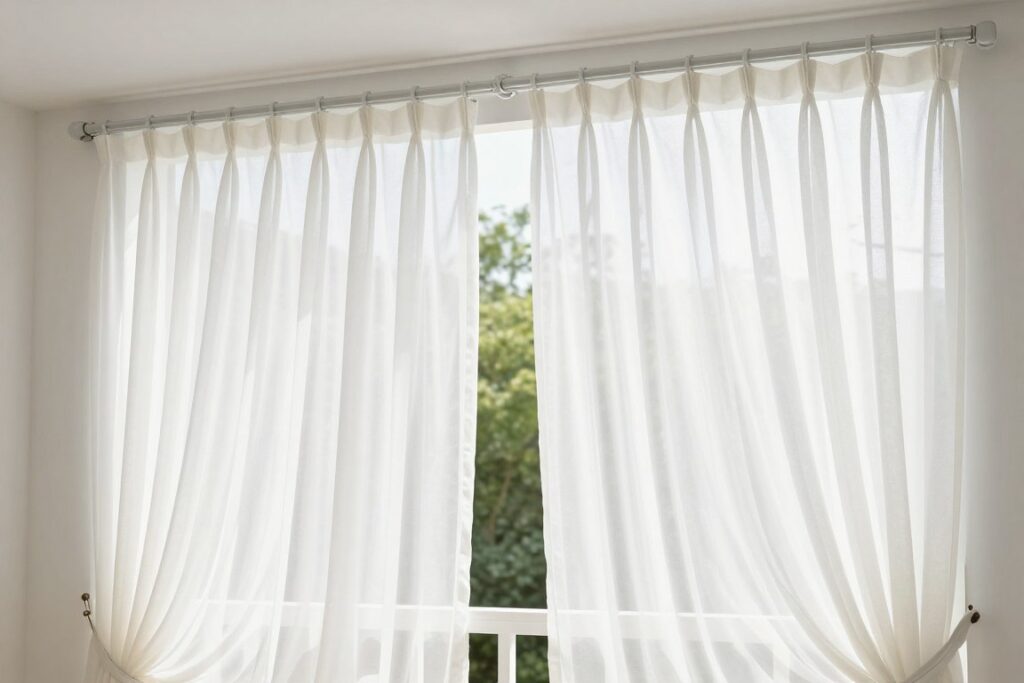 Outdoor curtains on balcony providing privacy and shade