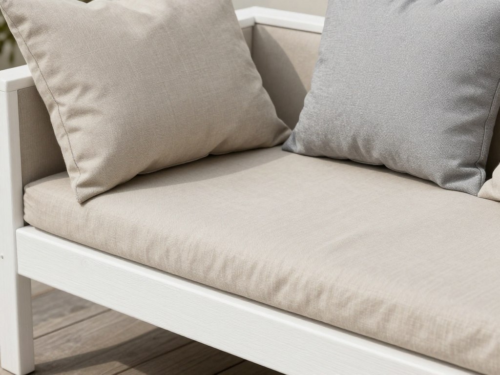 Outdoor cushions and textiles in neutral colors on balcony