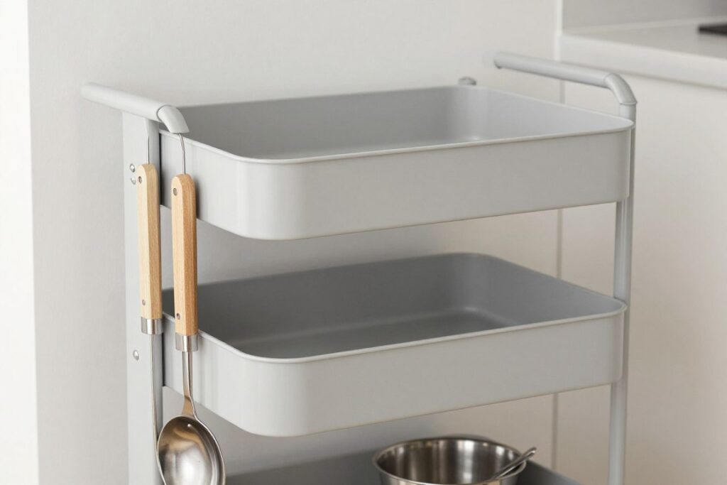 Outdoor kitchen cart with efficiency accessories