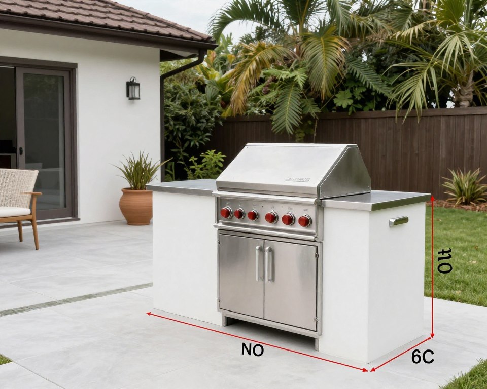 Outdoor kitchen island near house wall with proper spacing