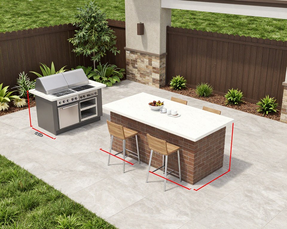Outdoor kitchen island positioned with proper clearance on patio