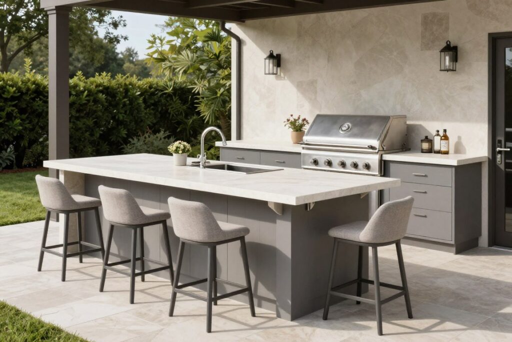 Outdoor kitchen island with bar seating and built-in features