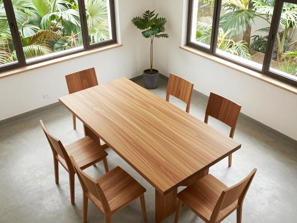 Overhead view of teak dining table arrangement in sunroom, NO PEOPLE, NO HUMANS, NO HANDS