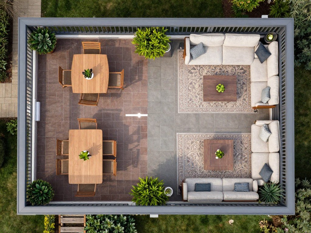 Overhead view showing dining and lounge zones in sunroom, NO PEOPLE, NO HUMANS, NO HANDS