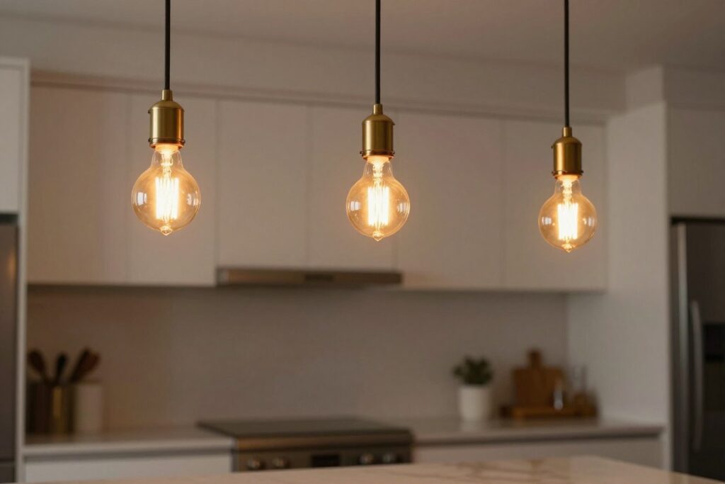 Pendant lights with warm Edison bulbs hanging over kitchen island creating cozy ambiance