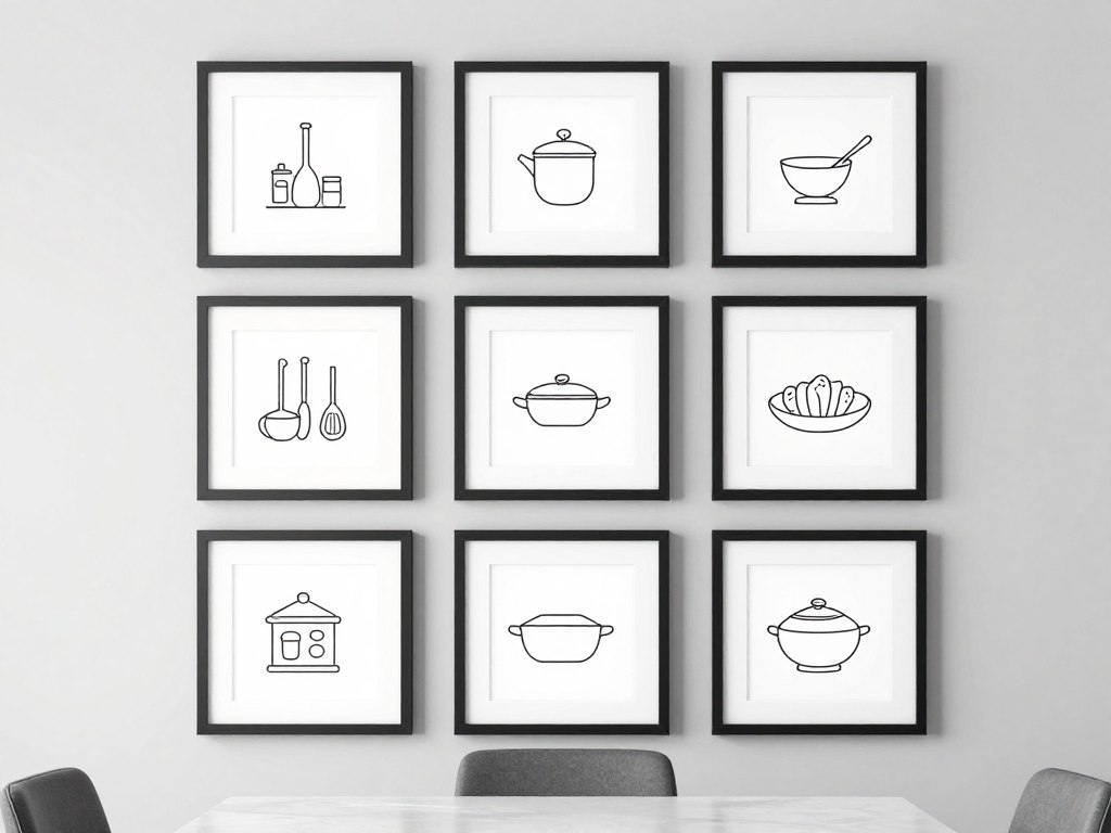 Perfect grid arrangement of identical frames in kitchen dining area