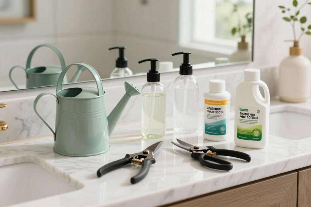 Plant care tools and supplies arranged on bathroom counter