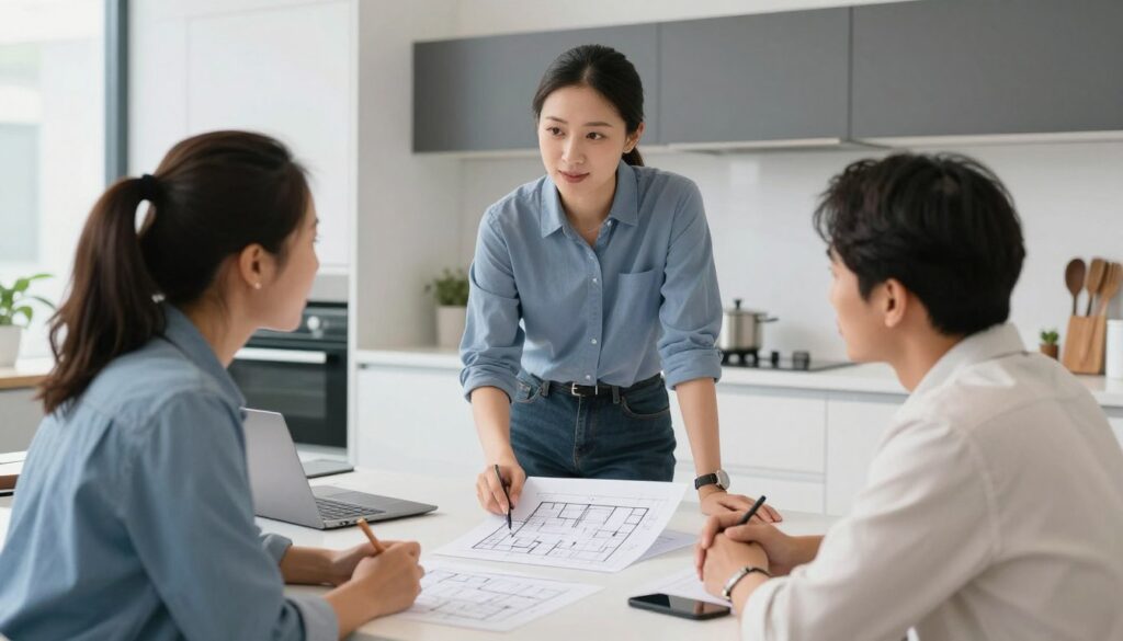 Professional kitchen designer consulting with clients over kitchen plans