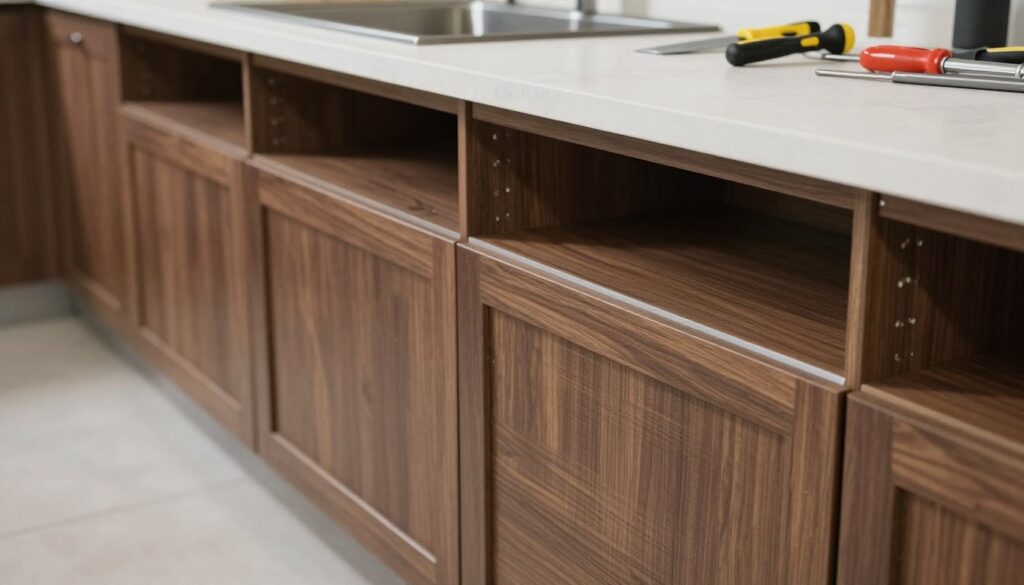 Professional kitchen installation showing precise cabinet alignment and expert craftsmanship