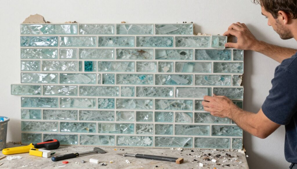Professional tile installer working on sea glass backsplash installation