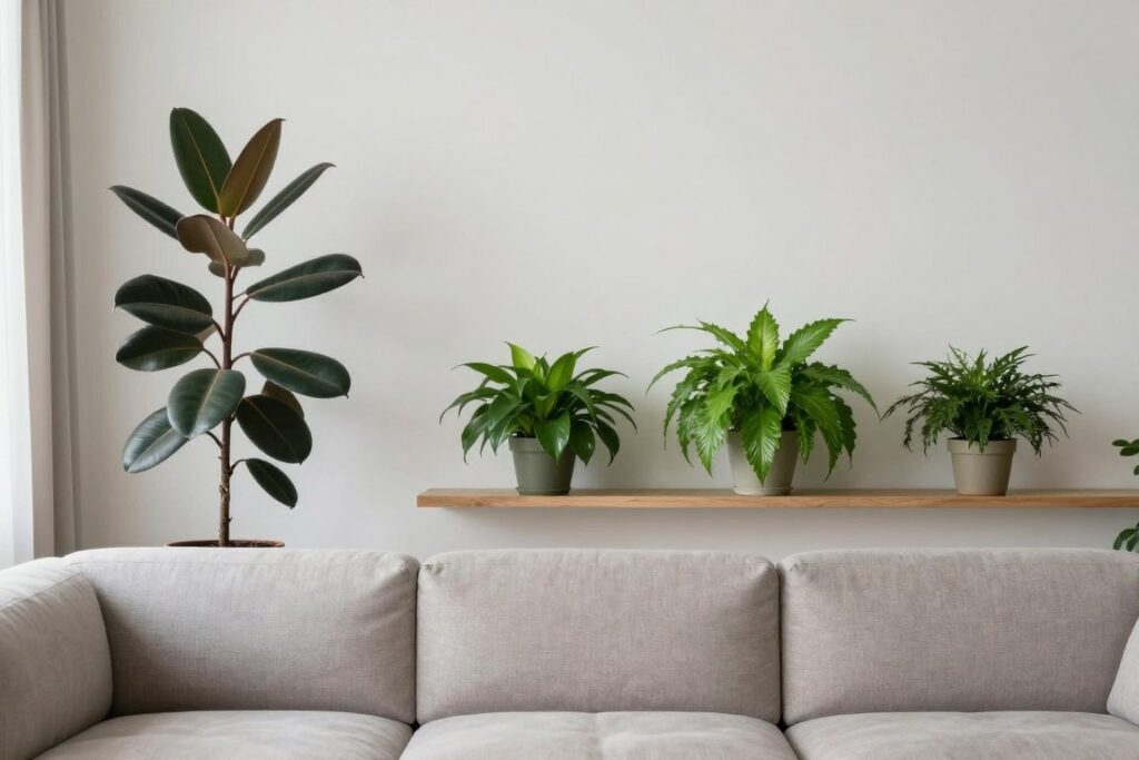 Room layout showing balanced plant placement with different varieties creating visual equilibrium, NO PEOPLE, NO HUMANS, NO HANDS