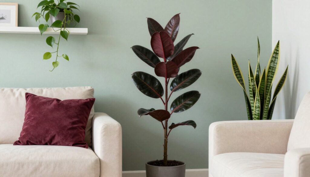 Room showing plants with various foliage colors coordinating with interior color scheme, NO PEOPLE, NO HUMANS, NO HANDS