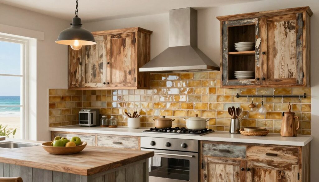 Rustic beach house kitchen with amber sea glass tile and reclaimed wood