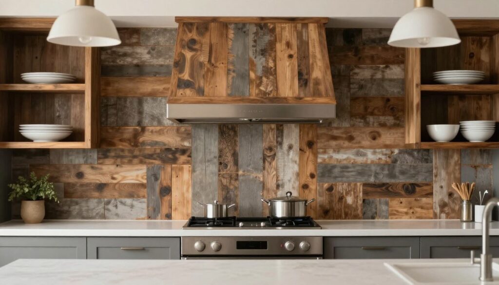 Rustic kitchen backsplash made from reclaimed barn wood planks adding warmth and texture
