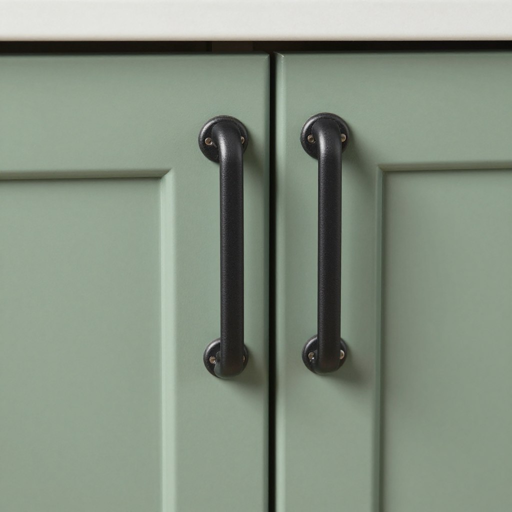 Sage green cabinet with black iron cup pulls