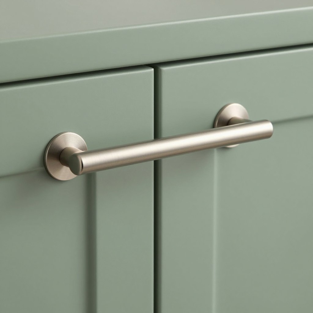 Sage green cabinet with brushed nickel bar pulls