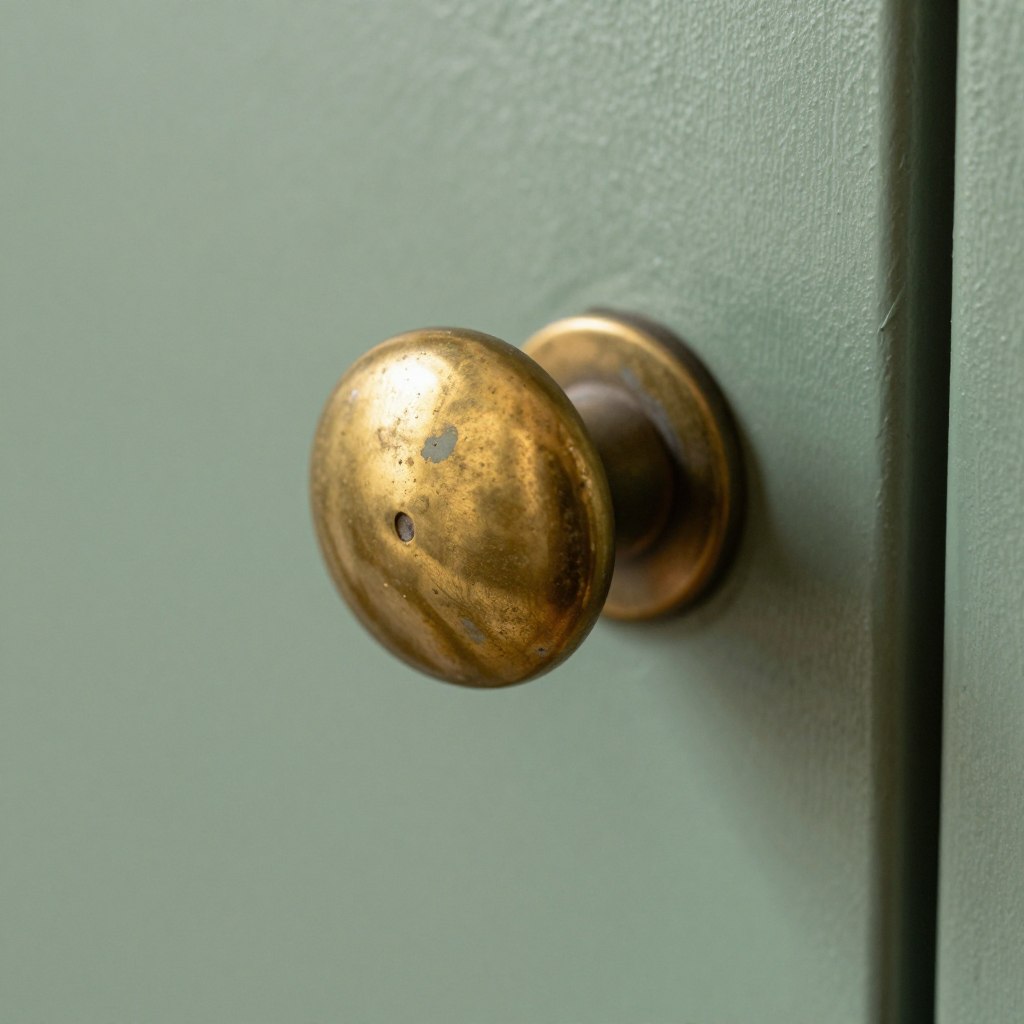 Sage green cabinet with unlacquered brass knobs