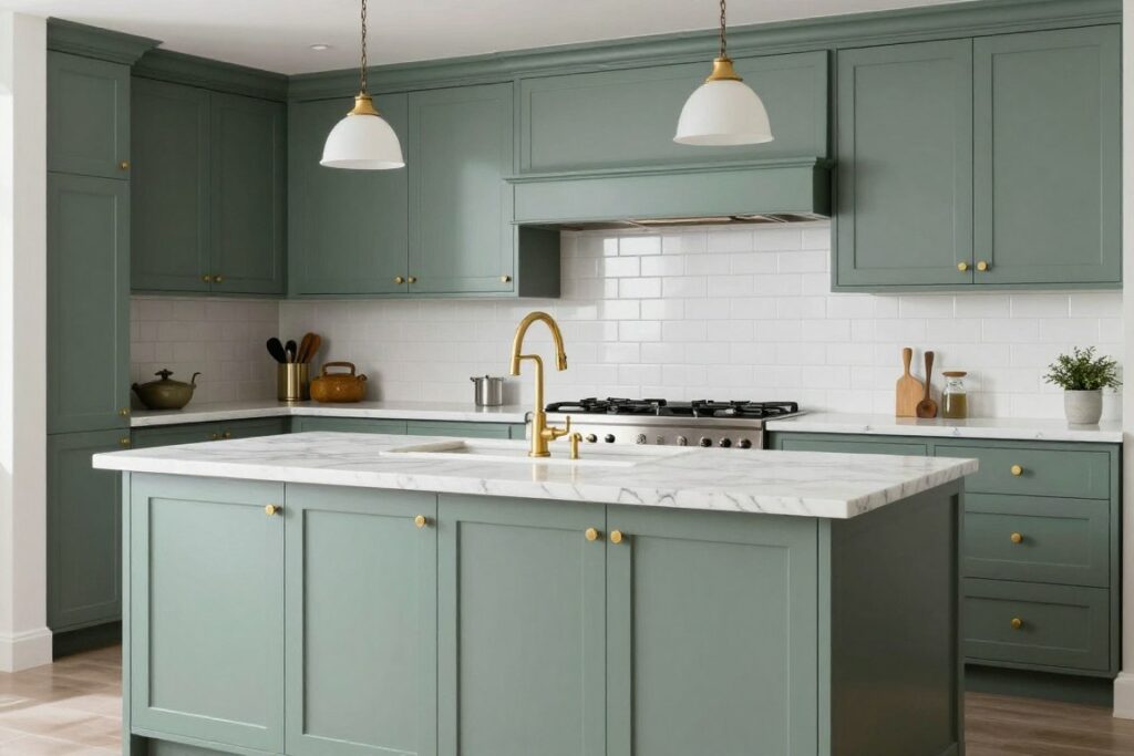 Sage green cabinets with white marble countertops and gold fixtures