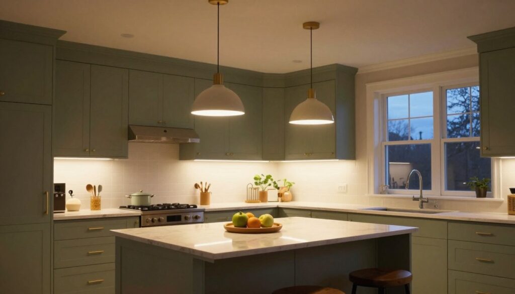 Sage green farmhouse kitchen with layered lighting design