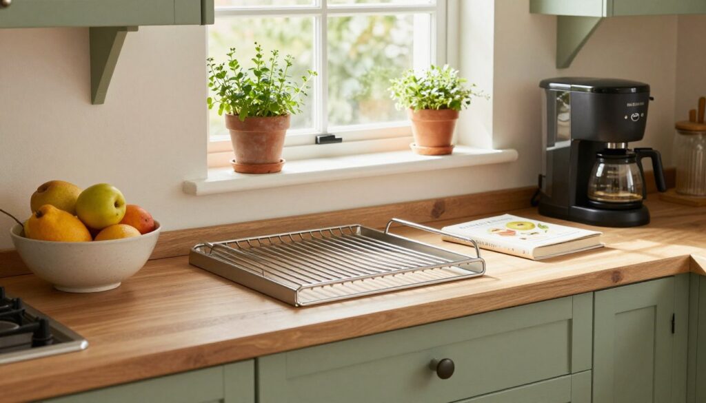 Sage green farmhouse kitchen with lived-in character showing practical daily use