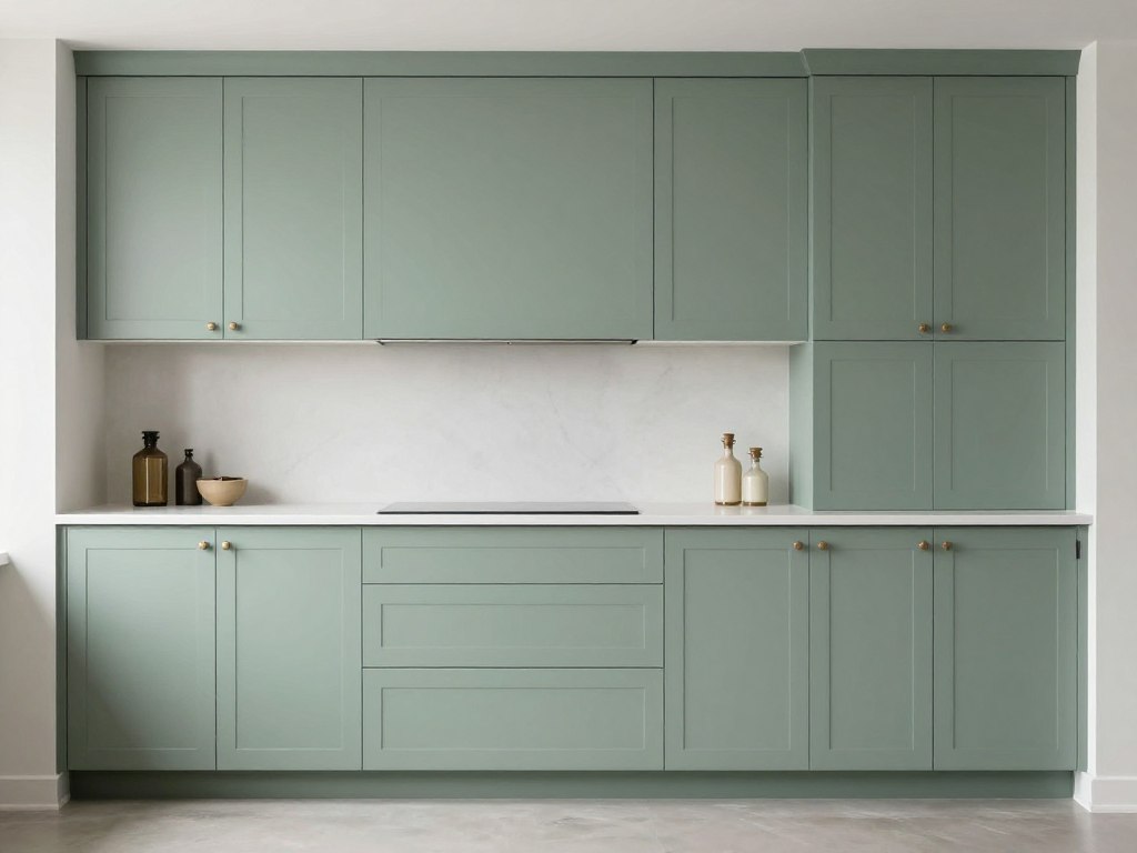 Sage green flat panel kitchen cabinets