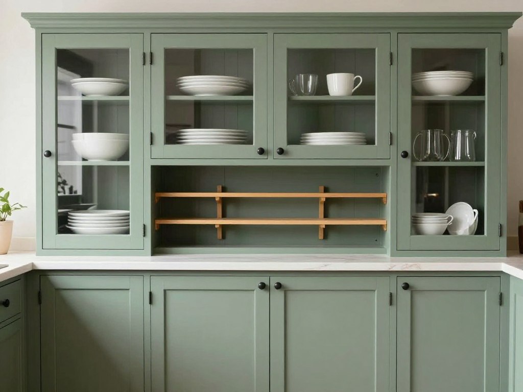 Sage green glass-front upper kitchen cabinets