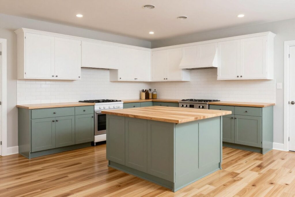 Sage green kitchen cabinets paired with white subway tile and natural wood elements