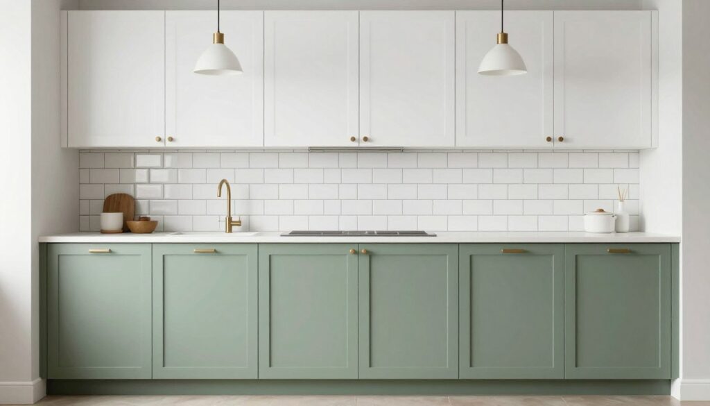 Sage green kitchen cabinets with white subway tile backsplash