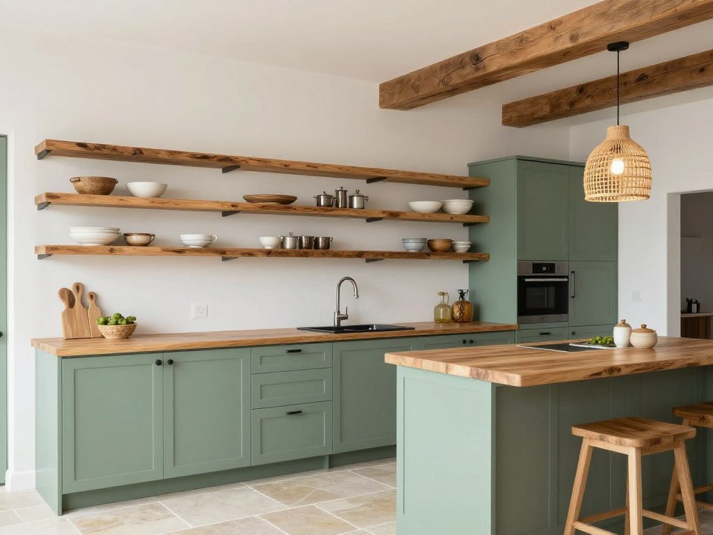 Sage green kitchen with mixed natural materials including wood and stone