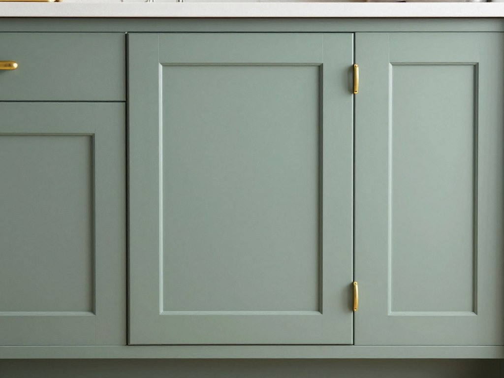 Sage green raised panel kitchen cabinets