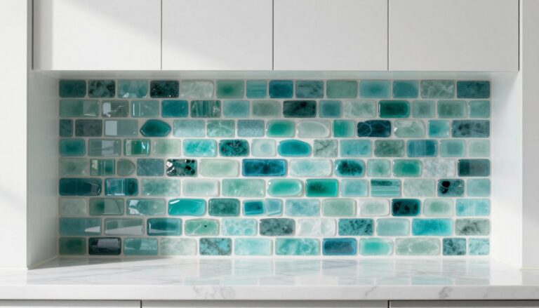 Sea glass kitchen backsplash in aqua and teal tones behind modern white kitchen countertop