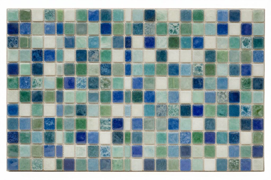 Sea glass mosaic tiles in mixed sizes creating artistic backsplash pattern