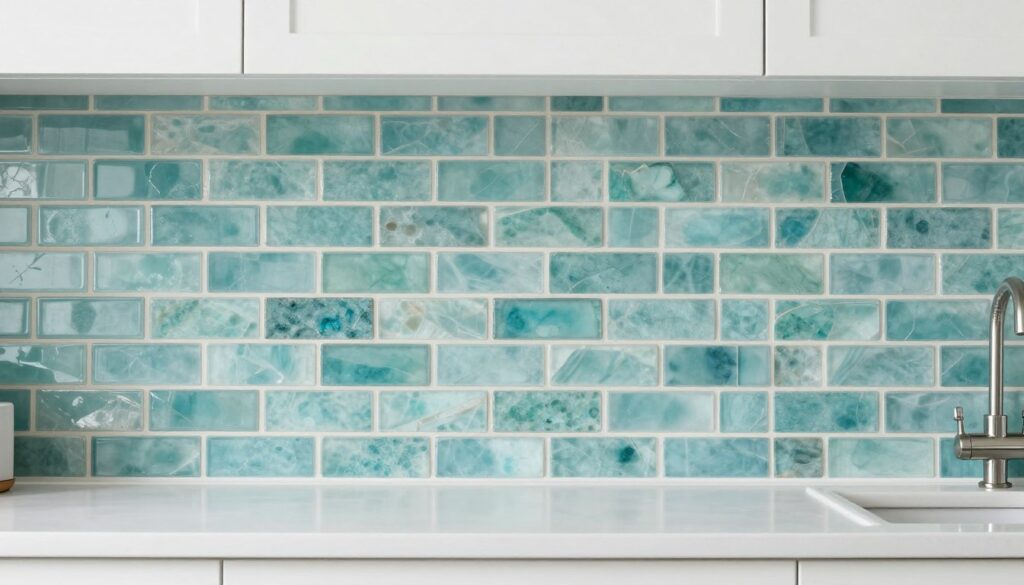 Sea glass subway tile backsplash in classic brick pattern layout